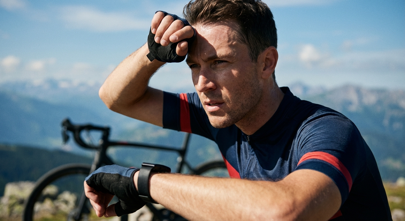 Cyclist at mountain summit