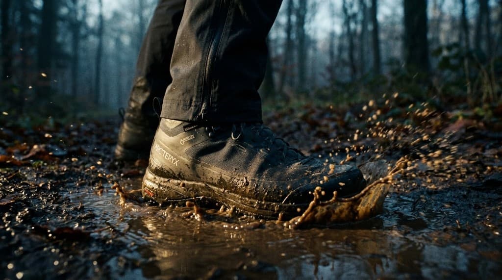 Boot steps into a muddy puddle