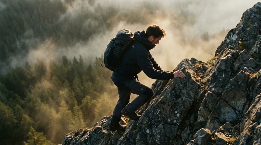 Hiker scales a rocky section
