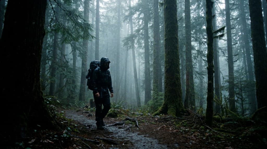 Lone hiker enters frame from deep shadows
